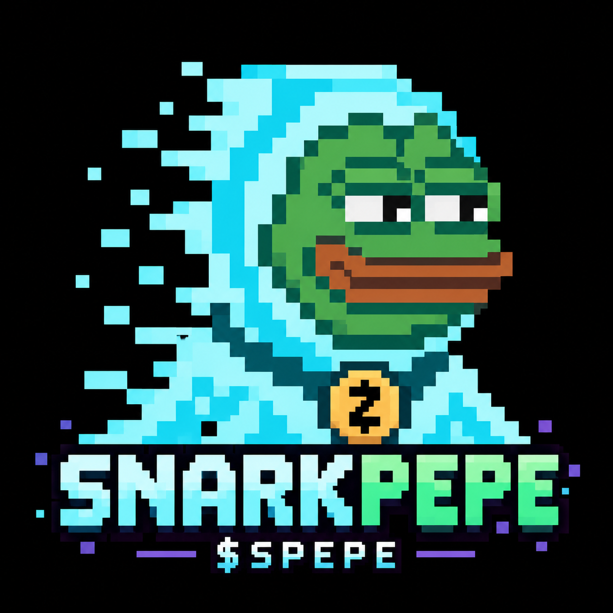 SNARKPEPE pixel frog in a cyan hood, wearing a gold Z pendant